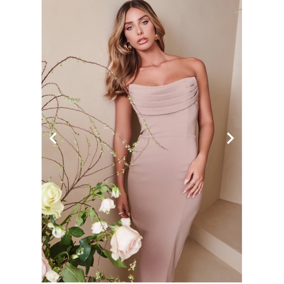 NEW SEASON Lavish Alice cowl front bandeau midi pencil dress in stone - Picture 5 of 11
